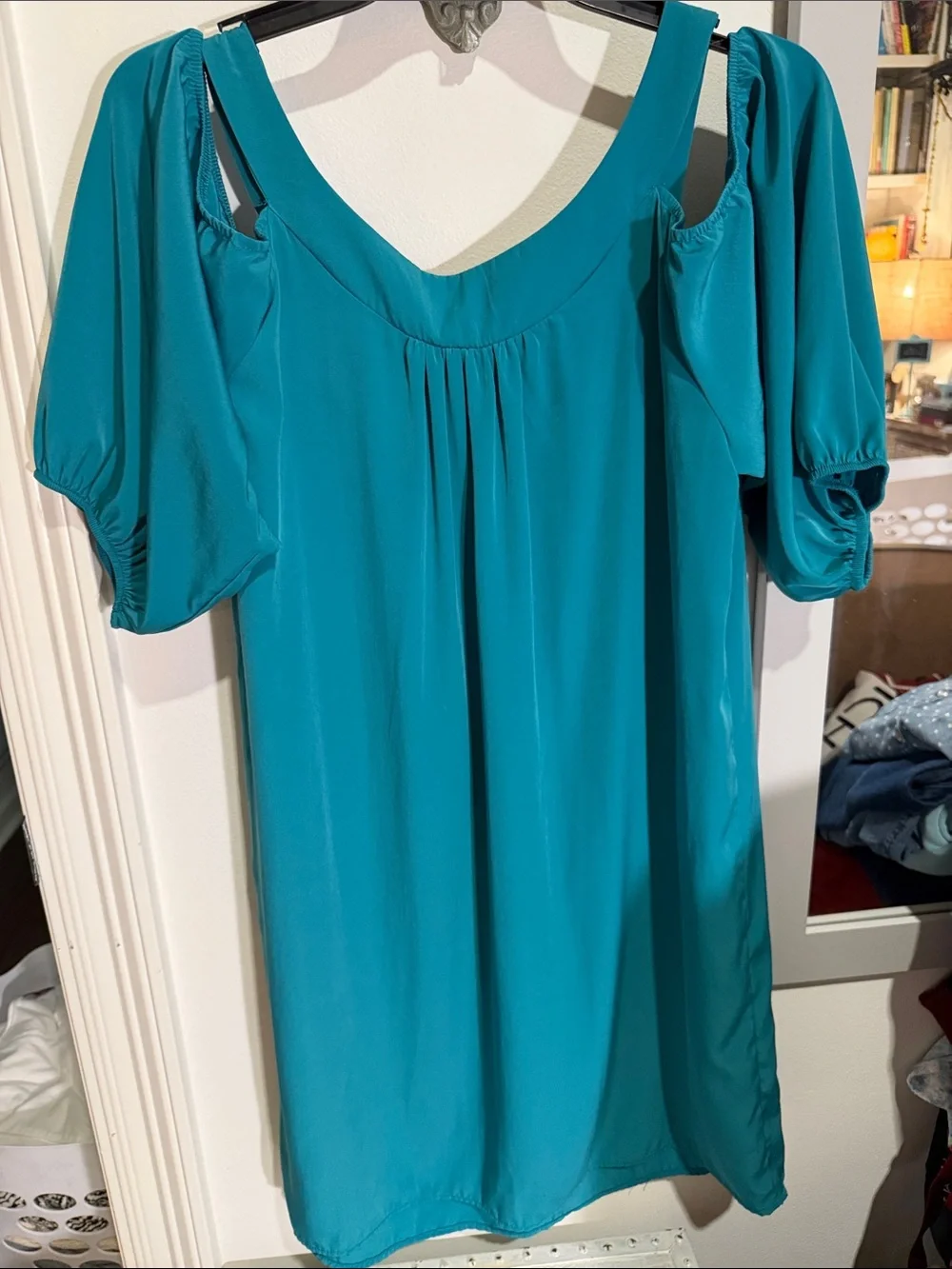 glam Teal Satin Cold-Shoulder Dress
